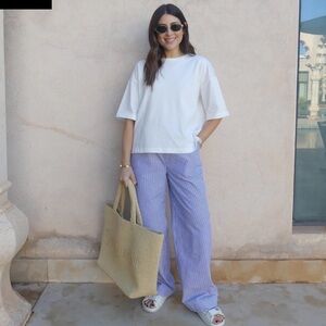 WAT. THE BRAND STRIPED COTTON WIDE LEG TROUSERS - BLUE / WHITE XL